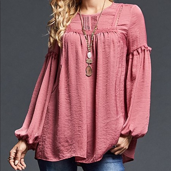 Suzanne Betro Tops - Vintage Rose Pleated Ruffle-trimmed Tunic, Med.